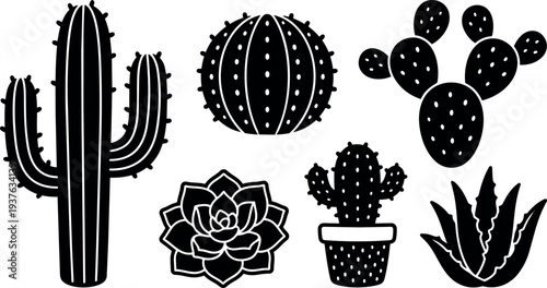 Minimalist flat vector cactus and succulent silhouette set showing saguaro barrel prickly pear potted cactus succulent and aloe black icons