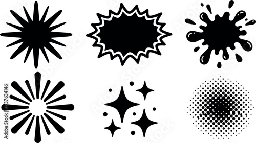 Flat vector starburst and splatter shapes set six icons black silhouettes halftone burst sparkle elements for graphic design print web