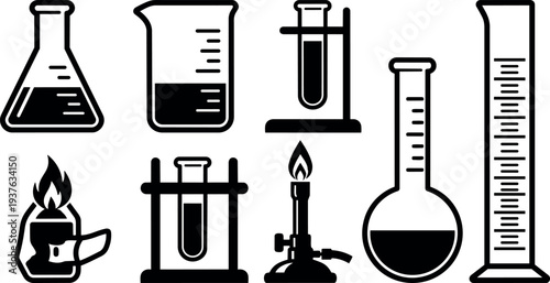Flat design laboratory glassware icons set showing beaker test tube flask round bottom and bunsen burner on white background vector