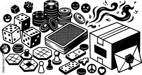 Line art board game collection with dice cards chips pawns tokens package box envelope flat vector illustration monochrome sticker playful