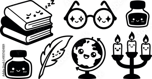 Kawaii line art vector set of smiling school objects including sleeping books glasses ink bottle feather globe and candle holder