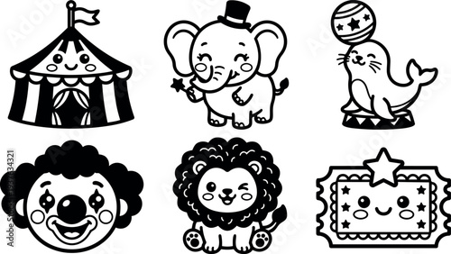 Kawaii line art circus icon set with smiling tent elephant seal clown and lion in simple black outline playful collection
