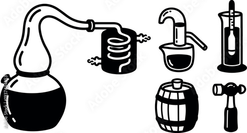 Line art close up distillery equipment set with alembic condenser coil hydrometer wooden barrel and tapping hammer on white background