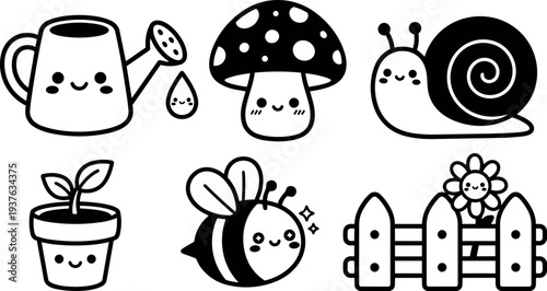 Kawaii line art gardening icons set watering can mushroom snail potted seedling bee and picket fence cute smiling faces vector