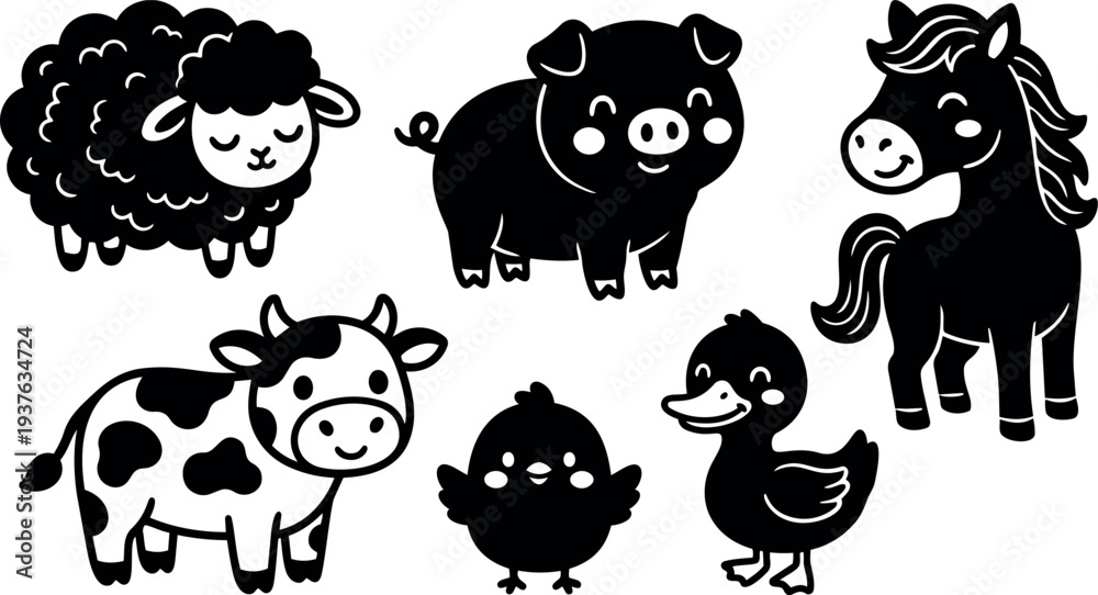 Fototapeta premium Flat design cute farm animal set smiling sheep pig cow horse duck chick in simple black vector illustration playful details