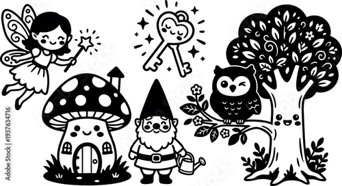 Cute flat design forest scene with flying fairy and mushroom house gnome holding watering can owl on smiling tree