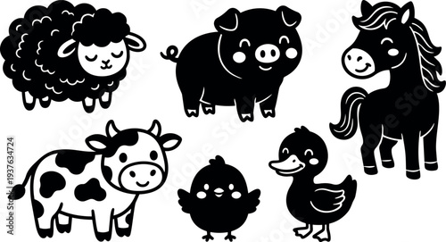 Flat design cute farm animal set smiling sheep pig cow horse duck chick in simple black vector illustration playful details