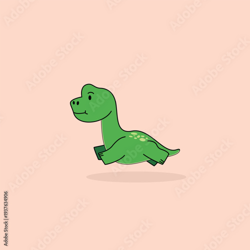 Cute jumping green brachiosaurus dinosaur illustration in flat cartoon style, isolated on a pink background