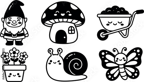 Kawaii vector icon set garden characters smiling gnome mushroom house wheelbarrow potted flowers snail butterfly black line art cute minimal