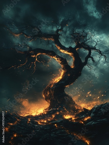 A twisted black tree glowing with dark magical energy, surrounded by lifeless ground