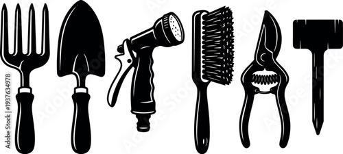Flat design close up row of gardening tools trowel fork hose nozzle scrub brush pruning shears mallet silhouette black vector