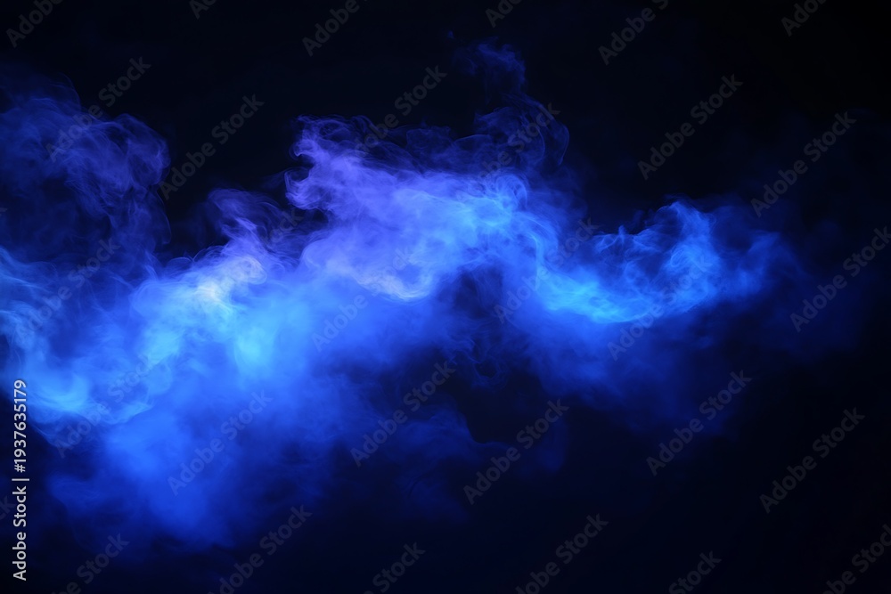 Fototapeta premium An ethereal blue cloud swirls mystically against the inky backdrop like smoke, dreamlike