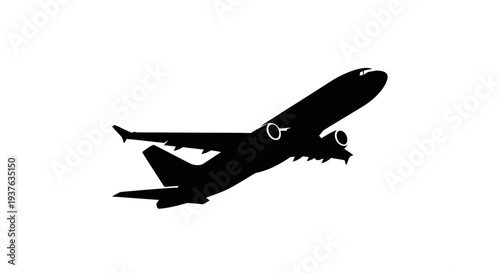 Silhouette of a modern passenger airplane taking off into the sky, isolated on white.