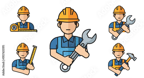 Handyman cartoon character set with tools.