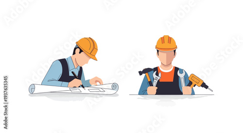 Construction worker architect builder cartoon character.