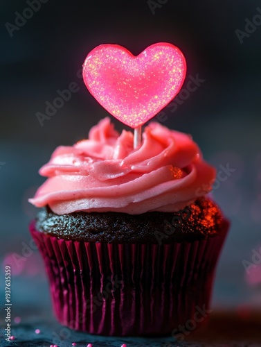 A Valentineâ€™s Day cupcake with glowing pink frosting and a candy heart topper 