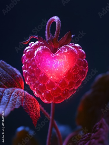 A Valentineâ€™s berry glowing pink and red, shaped like a tiny candy heart 