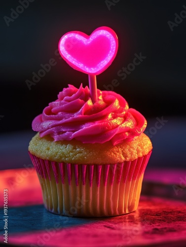 A Valentineâ€™s Day cupcake with glowing pink frosting and a candy heart topper