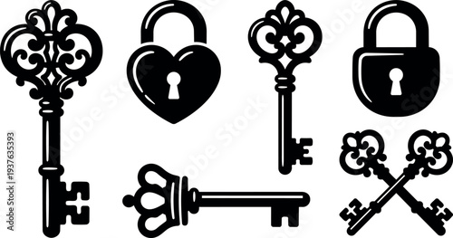 Vintage ornamental vector keys and heart padlocks set in black silhouette various angles close up decorative locks royal antique collection