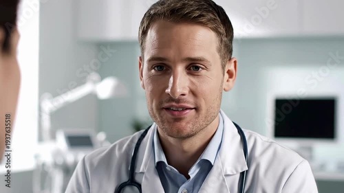 Close-up on the young white male doctor’s face while speaking calmly and reassuringly to a patient just out of frame