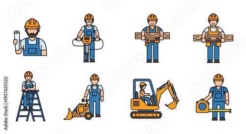 Construction worker icons set with tools and machinery.