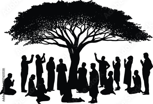 Black Silhouette of People Praying and Meditating Under a Large Tree, Spiritual Group Gathering in Nature, Vector Flat Illustration, Worship,