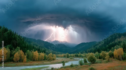 Wallpaper Mural Panoramic view of a stormy landscape, lightning strikes over a river valley Torontodigital.ca