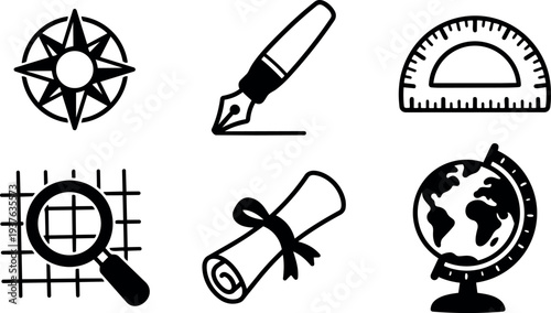 Minimalist line art six school icons close up pen globe diploma compass magnifier protractor flat vector black on white isolated
