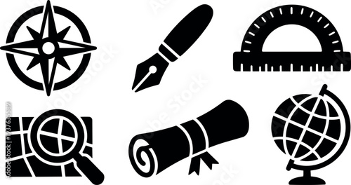Flat design black education and navigation icon set compass globe map magnifier pen nib protractor diploma scroll simple vector isolated