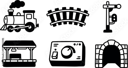Flat design train icon showing steam locomotive curved track signal post platform control knob and tunnel entrance isolated white background