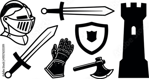 Flat design close up medieval weapons and castle icon set with knight helmet crossed swords shield gauntlet axe tower silhouette