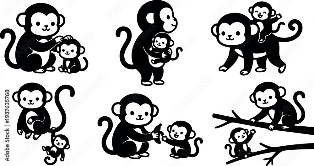 Fototapeta premium Flat design close up mother monkey grooming baby monkey seated on branch with baby waving smiling black silhouette vector playful