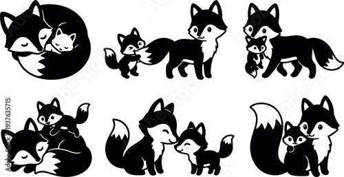 Flat vector fox family set showing mother fox and playful kits nuzzling sleeping walking closeup side view cute silhouettes adorable