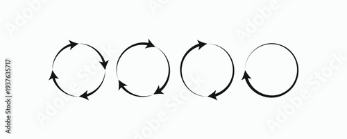 Four circular arrows show motion flow. Black lines curve clockwise, counterclockwise, or idle. Suggests rotation, movement, or process cycles. Ideal for business, tech, or circular concepts