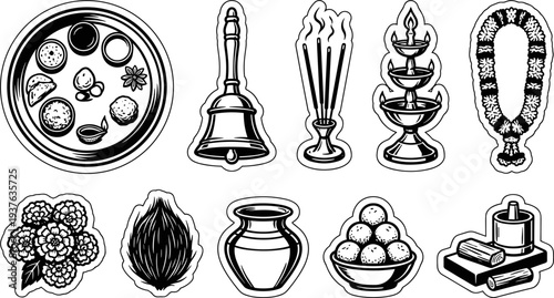 Hindu puja ritual items set with thali and oil lamp vector illustration