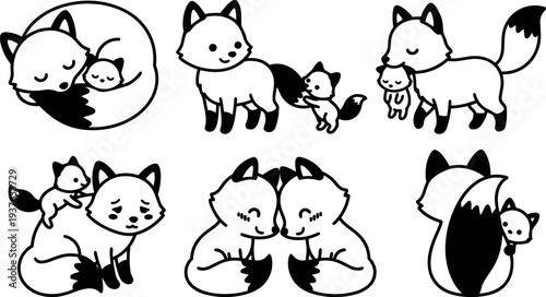 Line art kawaii fox family set showing parent and kits in different poses cuddling carrying and playing minimal vector icons
