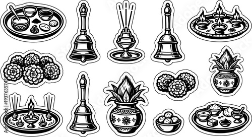 Hindu religious puja items sticker set with thali and kalash vector illustration