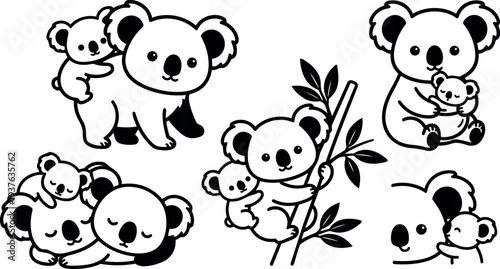 Line art cute koala family set showing multiple poses mother carrying baby climbing eucalyptus branch hugging sleeping close up outline