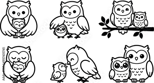 Minimalist line art owl family icons set six poses parent and baby close up branch hugging looking at camera vector
