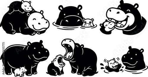 Cartoon vector hippo family illustrations showing mother and baby hippos playing swimming yawning and cuddling in playful flat design friendly