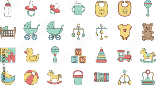 Baby Care and Nursery Icon Set with Pacifier Bottle Stroller Toy Blocks Teddy Bear and Infant Accessories Vector Illustration.