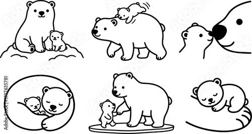 Line art close up polar bear mother and cub cuddling on snow mound looking at camera simple playful minimalist mood