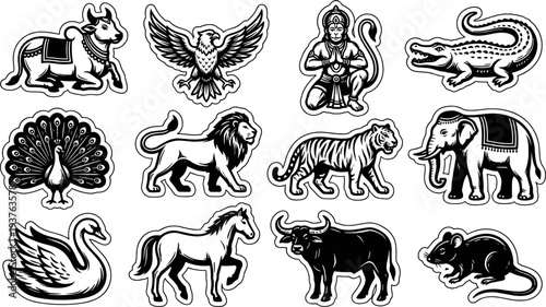 Indian mythological animals sticker set isolated on white background vector illustration