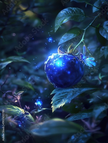 A vibrant blueberry glowing faintly, surrounded by enchanted leaves and tiny magical insects