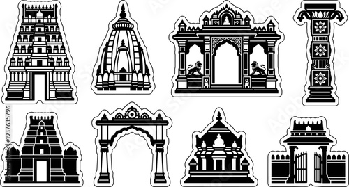 Indian temple architectural icons including gopuram and shikhara black vector sticker set