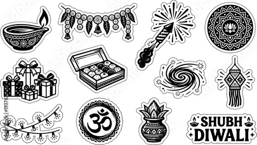 Set of black and white Diwali festival stickers with traditional Indian symbols vector illustration