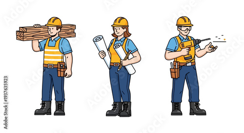 Construction workers set with tools carpenter electrician plumber.