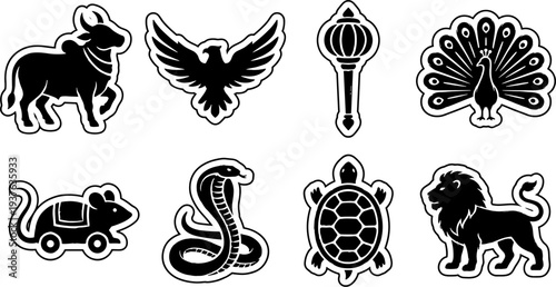 Set of Hindu mythological animal and symbol icons black vector silhouettes