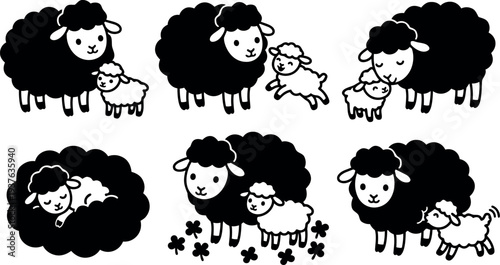 Flat design cute black sheep and lamb icon set with close up and side views mother and baby playful poses