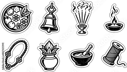 Set of Hindu religious puja items isolated on white background black and white vector illustration
